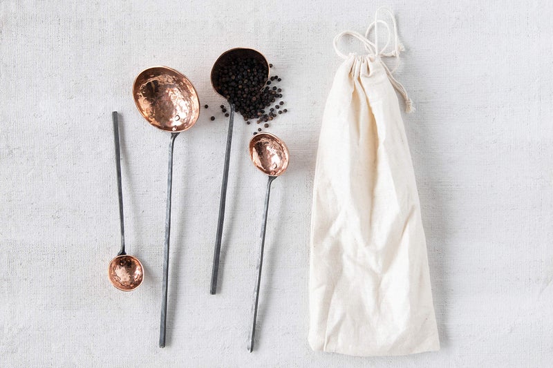 Creative Co-Op Farmhouse Textured Copper Ladles with Metal Handles, Set of 4 Sizes in Drawstring Bag - Image 2